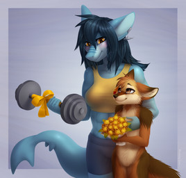 anthro blue_body blue_ears blue_inner_ear blue_tail blush border brown_body brown_fur brown_tail closed_smile countershading dipstick_ears duo ear_markings ear_piercing exercise featureless_crotch female fur glistening glistening_hair hair looking_down looking_up markings mouth_closed multicolored_ears muscular muscular_anthro muscular_female orange_eyes pecs piercing simple_background smile standing tail tan_body tan_fur weightlifting workout bloominglynx aquatic canid fish mammal shark 2021 hi_res