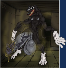anthro balls big_balls big_penis big_teeth black_body bodily_fluids body_hair border clothing epididymis feet foreskin genital_fluids genital_raphe genitals glans gloves hairy_balls handwear happy huge_balls huge_penis hyper hyper_balls hyper_genitalia hyper_penis long_arms male nipples nude penis precum pubes pubes_exposed pubes_in_foreskin raphe_(anatomy) saggy_balls scrotal_raphe smegma smell smelly smile smiling_at_viewer solo steam stink_fumes stray_pubes sweat sweaty_balls sweaty_genitalia teeth_showing vein veiny_penis white_border wilelter trevor_henderson cartoon_dog canid canine canis domestic_dog eldritch_abomination mammal monster