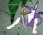 anthro biped breasts clothed clothing featureless_breasts female fur long_ears looking_at_viewer melee_weapon purple_body purple_fur sitting smile solo sword weapon white_body white_fur yellow_eyes blokfort .hack cyberconnect2 mia_(.hack) felid feline mammal 2020