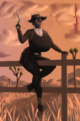 anthro belt belt_buckle big_breasts black_body black_fur black_hair black_lips boots bottomwear breasts brown_clothing brown_jacket brown_topwear buckle buckteeth button_(fastener) cheek_tuft clothed clothing cloud collared_shirt cowboy_boots cowboy_outfit detailed_background dress_shirt duster_coat eyebrows eyelashes eyeliner facial_hair facial_tuft female fence fencepost fingers footwear fur goatee grass gun hair handgun hill holding_object holding_ranged_weapon holding_weapon holster hoof_shoes hooved_fingers hooves horn huge_breasts jacket knife knife_sheath lips looking_at_viewer makeup ocular_prosthetic pants pistol plant pose prosthetic raised_arm ranged_weapon red_eyes revolver shirt shoes short_hair sitting_on_fence sitting_on_object sky smile smiling_at_viewer solo sunset teeth teeth_showing topwear tree tuft vest weapon white_clothing white_shirt white_topwear clearvision bathory_black_(therealnarrowjungle) accipitrid accipitriform avian bird bovid caprine eagle goat mammal absurd_res hi_res pinup signature