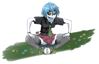 accessory anthro belt black_spots blue_hair blue_tongue bottomwear breasts butt clothed clothing collarbone collared_shirt dark_sclera dress_shirt feet_together female flower footwear fully_clothed grass green_clothing green_footwear green_shoes hair hands_on_knees hands_on_legs happy high_top_shoes leaning leaning_forward legwear miniskirt necktie non-mammal_breasts open_mouth pale_skin plant red_bottomwear red_clothing red_skirt shirt shoes simple_background skirt slim small_breasts smile solo sparkles spots spread_legs spreading thigh_highs tongue topwear upskirt white_body white_skin yellow_eyes novacantnames converse aria_whittemore amazon_milk_frog amphibian frog tree_frog hi_res