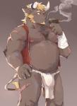 anthro asian_clothing belly bulge clothing east_asian_clothing fundoshi humanoid_hands japanese_clothing kemono male moobs navel nipples overweight overweight_anthro overweight_male shirt simple_background smoking solo topwear underwear iwano.kal_(artist) bovid bovine cattle mammal 2019