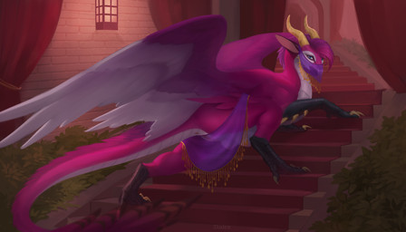 anus bird_legs black_legs black_markings blue_eyes butt butt_focus castle clothing feathered_wings feathers female female_feral feral fur genitals golden_claws harem_outfit horn inside jewelry lingerie lingerie_on_feral looking_at_viewer looking_back looking_pleasured markings pink_body pink_wings plant purple_body purple_wings rear_view red_curtains red_rug rug seductive shrub solo spikes stairs tail_anus teats veil vulva white_wings wings yellow_horn yellow_spikes conditional_dnp ztalex mythology dragon mythological_creature mythological_scalie scalie 7:4 absurd_res hi_res
