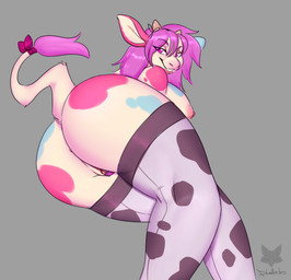 accessory animal_print anthro big_breasts big_butt biped blue_ears bottomless bow_(feature) bow_accessory bow_ribbon breasts butt clothed clothing cow_print female foreshortening fur furgonomics genitals grin hair huge_breasts legwear lips long_hair looking_at_viewer looking_back mottled mottled_body mottled_fur nipples piebald piebald_body piebald_fur pink_ears pink_lips presenting pubes purple_eyes purple_hair purple_pubes ribbons simple_background smile solo stockings straight_hair tail tail_accessory tail_bow tail_ribbon tail_tuft thigh_highs thin_tail tuft vulva white_body white_fur wide_hips phallusbro floss_(phallusbro) bovid bovine cattle mammal 2019 absurd_res digital_media_(artwork) hi_res signature