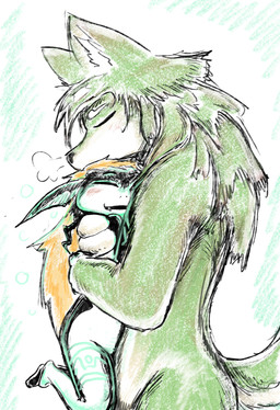 anthro anthrofied blush breath cuddling duo ears_down eyes_closed fangs female hand_on_back hand_on_chest hand_on_shoulder happy hug male male/female nude pivoted_ears smile teeth dragonweirdo nintendo the_legend_of_zelda twilight_princess link_(wolf_form) midna canid canine canis humanoid imp mammal wolf hi_res
