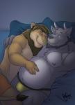 anthro bed belly clothed clothing cuddling duo furniture love lying male male/male nude romantic romantic_couple slightly_chubby topless lay0wn thingyreloaded tybalt_elric demon felid lion mammal pantherine hi_res