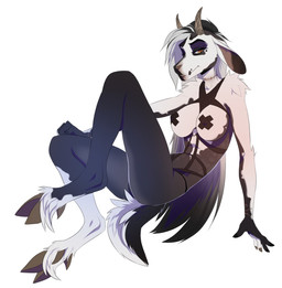 5_fingers anthro breasts brown_eyes female fingers hair hooves horn nipple_tape pasties simple_background solo tape white_background white_hair drmax bovid caprine goat mammal 2019 digital_media_(artwork) hi_res