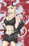 2020 absurd_res amelia_lamberich anthro bayora belly_tuft belt big_breasts bottomwear bovid bra breast_squish breasts bulge caprine clothed clothing demon exposed_shoulder floppy_ears glowing glowing_tattoo goat gynomorph hair hands_on_hips hi_res holster horizontal_pupils horn hotpants intersex jacket long_ears long_hair mammal open_belt phrostbite pink_inner_ear pockets pupils purple_eyes shorts simple_background skimpy smile solo spade_tail sports_bra squish tail tattoo thick_thighs topwear tuft underwear wide_hips