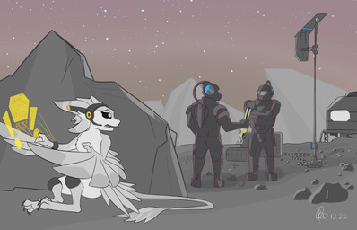 3_fingers 4_ears 4_toes ambiguous_gender anthro armor biped black_sclera claws clothed clothing detailed_background electronics feather_hair feathered_wings feathers feet fingers fully_clothed fur grey_body group gun headgear headphones headset helmet hiding holding_object holding_ranged_weapon holding_weapon hologram interface looking_at_another military multi_ear open_mouth outside pseudo_hair ranged_weapon rifle rock scared science_fiction shocked sitting sitting_on_ground sky soldier space spacesuit standing star starry_sky teeth text toe_claws toes trio warrior weapon white_body white_feathers white_fur white_wings winged_arms wings reetogoth avali avian bird human mammal 14:9 2022 absurd_res colored constructed_language dated detailed digital_drawing_(artwork) digital_media_(artwork) fictional_language hi_res restricted_palette signature spot_color translation_check translation_request