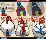 anthro beak big_butt black_body black_fur blue_body blue_fur butt dialogue duo facesitting feathers flattened fluffy fluffy_tail food fur green_eyes huge_butt male multicolored_body multicolored_feathers multicolored_fur nude popcorn popcorn_bucket red_body red_feathers seat sitting_on_another size_difference smile sound_effects tail tail_feathers text theater two_tone_body two_tone_feathers two_tone_fur white_body white_feathers fmcwolf deadpool_&_wolverine_(2024) looney_tunes marvel marvel_cinematic_universe warner_brothers foghorn_leghorn avian bird canid canine canis chicken galliform gallus_(genus) mammal phasianid wolf comic digital_media_(artwork) english_text hi_res