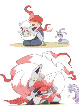 ambiguous_gender anthro bodily_fluids claws feral fur gastropod_shell grey_body grey_fur group mollusk_shell purple_body red_body red_eyes red_fur shell slime sweat sweatdrop trio white_body white_fur yellow_eyes yellow_sclera natamame nintendo pokemon pokemon_legends_arceus generation_8_pokemon hisuian_form hisuian_goodra hisuian_sliggoo hisuian_zoroark hisuian_zorua human mammal pokemon_(species) regional_form_(pokemon) 2026 comic