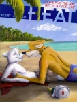 2007 anthro arctic_fox beach blue_eyes blush canid canine clothed clothing cloud comic cover cover_art cover_page detailed_background duo elliot_(fluke) english_text eye_contact fluke fox green_eyes heat_(magazine) hi_res looking_at_another male male/male mammal nose_to_nose on_towel outside ryan_(fluke) sand seaside sky text tongue topless towel true_fox