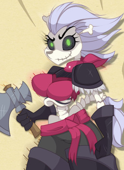 anthro anthrofied armor axe bone breasts female green_eyes hair looking_at_viewer melee_weapon pose skeleton solo weapon white_hair jrvanesbroek friendship_is_magic hasbro my_little_pony skellinore_(mlp) animated_skeleton equid mammal undead 2018
