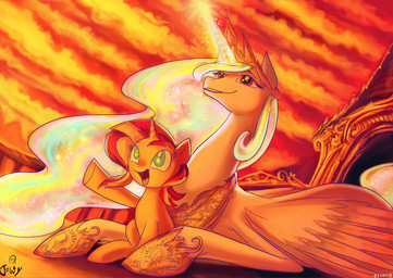 blue_eyes crown duo feathered_wings feathers female feral glowing headgear horn magic sparkles sunset wings young jowybean equestria_girls friendship_is_magic hasbro my_little_pony mythology princess_celestia_(mlp) sunset_shimmer_(eg) equid equine mammal mythological_creature mythological_equine unicorn winged_unicorn 2015
