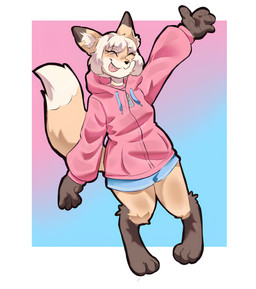 anthro black_nose blue_background border bottomwear brown_body brown_ear_tips brown_fur clothing dipstick_ears dipstick_tail ear_markings eyes_closed female fur gradient_background hair hoodie hotpants inner_ear_fluff leg_markings markings medium_hair multicolored_ears pink_background pink_clothing pink_hoodie pink_tongue pink_topwear shorts simple_background socks_(marking) solo tail tail_markings tongue tongue_out topwear tuft white_border white_hair white_inner_ear_fluff white_tail_tip randomdesigner1 canid canine fox mammal hi_res