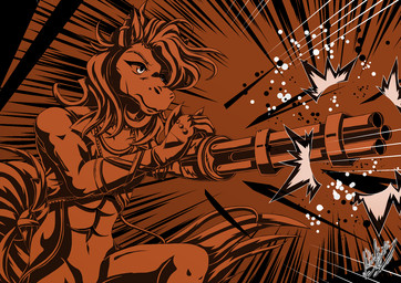 anthro clothing fingerless_gloves gatling_gun gloves gun gun_arm handwear jewelry machine_gun male minigun necklace pointy_ears ranged_weapon shooting shooting_gun solo topwear weapon weapon_arm yukariasano pear_the_metal-born_horse elemental_creature equid equine horse mammal metal_creature mineral_fauna monochrome