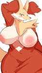 anthro areola big_breasts blush breasts cute_fangs fangs female fur hair huge_breasts looking_at_viewer nipples open_mouth pink_areola pink_nipples red_body red_eyes red_fur red_hair red_nose simple_background smile solo teeth white_background white_body white_fur wide_hips yellow_body yellow_fur nojaaaaaaaarori nintendo pokemon delphox generation_6_pokemon pokemon_(species) absurd_res hi_res