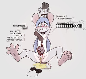 4_toes accessory anthro anus black_ribbon blood blue_hair blush bodily_fluids body_blush bound choker constricted_pupils countershade_torso countershading dialogue drooling feet female flat_chested fur furgonomics genital_fluids genitals gore gore_focus grey_body grey_fur grimace guts gutspill gutting hair hands_above_head hands_tied holding_object holding_scalpel imminent_death intestines jewelry long_hair medical_instrument necklace nipples nude offscreen_character organs pain panicking paws peeing pink_eyes pupils raised_arm ribbons saliva scalpel scientific_instrument simple_background small_pupils snuff soles solo_focus speech_bubble surgical_instrument tail tail_accessory tail_ribbon text toes urine urine_pool vulva vulva_blush white_background young slowderpyguy tess_(slowderpyguy) mammal mouse murid murine rodent 2026 english_text hi_res