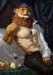 abs alcohol anthro apple belt beverage biceps big_muscles bottomwear clothed clothing container cup curtains deltoids detailed_background drapery drinking_glass eyebrows flower food fruit fur glass glass_container glass_cup grape highlights_(coloring) inside jewelry leaf licking licking_lips licking_own_lips long_sleeves looking_at_viewer male mane muscular muscular_anthro muscular_male navel necklace obliques open_clothing open_mouth open_shirt open_smile open_topwear painterly pants pecs pendant plant plate rose_(flower) self_lick serratus shirt sitting smile solo teeth tongue tongue_out topwear tuft whiskers wine wine_glass alsares dexterlion felid lion mammal pantherine 2024 artist_name detailed digital_media_(artwork) digital_painting_(artwork) hi_res portrait three-quarter_portrait