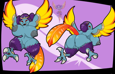 anklet anus areola avian_feet big_breasts big_butt blue_body blue_skin breasts butt fangs feathered_wings feathers female front_view genitals grey_areola grey_nipples hair huge_breasts huge_butt jewelry looking_at_viewer looking_back looking_back_at_viewer nipples nude open_mouth open_smile orange_body orange_feathers purple_background purple_body purple_feathers purple_hair rear_view red_eyes simple_background smile solo tail tail_feathers teeth vulva winged_arms wings yellow_body yellow_feathers kccatboi2002 kid_icarus nintendo animal_humanoid avian avian_humanoid bird_humanoid humanoid siren syren_(kid_icarus) hi_res