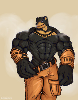 5_fingers abs anthro belt big_muscles black_body black_fur bottomwear brown_body claws clothed clothing collar cuff_(restraint) ear_piercing ear_ring finger_claws fingers fur jewelry kemono leather leather_cuffs male muscular muscular_anthro muscular_male navel necklace piercing pose restraints ring_piercing simple_background solo suggestive_pose topless topless_male leosomon waddledox bandai_namco digimon fakemon bear digimon_(species) mammal 2025 digital_drawing_(artwork) digital_media_(artwork) hi_res pinup
