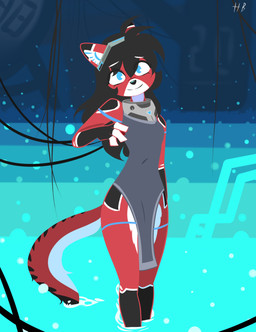 anthro arm_by_side bent_arm black_nose blue_eyes clothed clothing female foot_in_water legs_together liquid looking_at_viewer machine partially_submerged pelvic_curtain red_body smile solo standing standing_in_water straight_arm straight_legs white_body hydrabb ara_(fluff-kevlar) android domestic_cat felid feline felis mammal robot 2021 absurd_res digital_media_(artwork) hi_res lineless signature