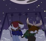 anthro clothing duo fur hair light male male/male moon moonlight night outside sky snow snowing star starry_sky tanukiweirdo scott_pilgrim_(series) gingerdaniel joessay bovid caprine deer goat mammal absurd_res hi_res