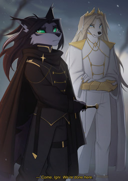 anthro black_cloak black_clothing black_nose cloak clothing duo gloves gold_(metal) gold_gloves gold_jewelry golden_nails golden_wreath green_eyes green_sclera hair handwear jewelry long_hair male male/male melee_weapon snow sword text weapon white_clothing winter wreath if-fi lord_avel_(quetzrow) quetz_(if-fi) canid canine canis domestic_dog hunting_dog mammal saluki sighthound hi_res