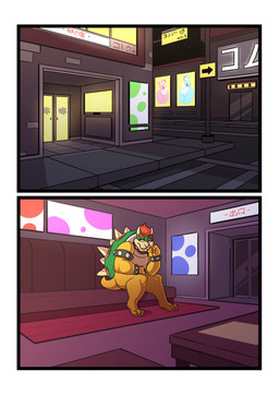 anthro biped border bowser butt city collar comic cyan_yoshi hair japanese_text komdog koopa male mario_bros muscular muscular_anthro muscular_male nightclub nintendo nude partially_translated pink_yoshi scalie sitting solo text thick_thighs translation_request white_border yoshi