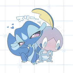ambiguous/ambiguous ambiguous_gender blue_body blue_eyes blush blush_lines bodily_fluids duo embarrassed feral heart_symbol narrowed_eyes pattern_background purple_eyes simple_background sitting sweat sweatdrop tail text saijakuonuru nintendo pokemon pokemon_winds_and_waves gecqua generation_10_pokemon generation_8_pokemon lizard pokemon_(species) reptile scalie sobble 1:1 2026 hi_res japanese_text