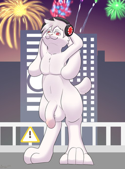 4_toes anthro balls big_feet city city_background digitigrade electronics feet fence fireworks fur genitals gradient_background hands_behind_head headphones holidays humanoid_genitalia humanoid_penis long_ears looking_at_viewer macro male penis simple_background solo sunset toes warning_sign white_body white_fur brisky~ new_year lagomorph leporid mammal rabbit absurd_res hi_res