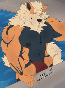 anthro black_body black_fur black_nose bulge clothing ear_piercing ear_ring fur male muscular muscular_anthro muscular_male nipples orange_body orange_fur piercing red_eyes ring_piercing smile solo swimming_pool swimwear tail tan_body tan_fur water mylife42 nintendo pokemon arcanine canid canine generation_1_pokemon mammal pokemon_(species) absurd_res hi_res