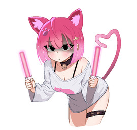 accessory bare_shoulders bell bell_collar bent_over black_collar black_eyes blush blush_lines bob_cut breasts cleavage clothed clothing collar eyelashes female glowstick hair hair_accessory hairclip heart_tail holding_glowstick holding_object inner_ear_fluff looking_at_viewer medium_breasts oversized_clothing oversized_shirt oversized_topwear pink_hair pink_tail shirt short_hair simple_background solo spaghetti_strap standing tail thigh_strap topwear tuft white_background white_clothing white_shirt white_topwear wide_hips cockati trickcal kishya_(trickcal) animal_humanoid cat_humanoid felid felid_humanoid feline feline_humanoid humanoid mammal mammal_humanoid 2026 aliasing digital_media_(artwork)