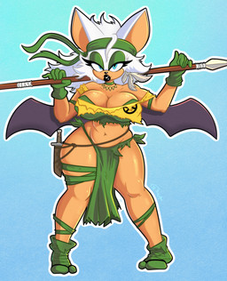 accessory anthro armlet bandeau big_breasts blue_eyes bottomwear breasts choker clothing collarbone eyelashes female glistening glistening_breasts glistening_thighs gloves handwear headband jewelry knife lipstick loincloth makeup melee_weapon membrane_(anatomy) membranous_wings necklace polearm solo spear thick_thighs topwear torn_clothing tribal tribal_clothing weapon wide_hips wings roboticsteve marvel sega sonic_the_hedgehog_(series) x-men rogue_(marvel) rouge_the_bat bat mammal 2026 absurd_res hi_res
