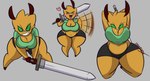 antennae_(anatomy) anthro arthropod_abdomen band-aid band-aid_on_face bandage bandage_on_face barefoot belly big_belly big_breasts blush blush_stickers bottomwear breasts brown_body clothed clothed_anthro clothed_female clothing feet female green_clothing green_eyes green_shirt green_topwear grey_background heart_symbol holding_melee_weapon holding_object holding_sword holding_weapon huge_thighs looking_at_viewer melee_weapon multicolored_body overweight overweight_anthro overweight_female shirt shorts simple_background solo sword thick_thighs topwear two_tone_body waving_hand weapon wide_hips yellow_body dewwydarts clover_(dewwydarts) arthropod bee hymenopteran insect 2024