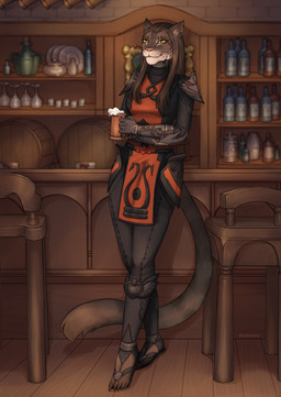 alcohol amber_eyes anthro armor barrel beer beer_foam beverage clothed clothing ear_piercing ear_ring female fully_clothed hair inside long_hair pauldron piercing pink_nose pub ring_piercing solo tabard tail whiskers wine_barrel wine_bottle dunoruno microsoft the_elder_scrolls felina'ma domestic_cat felid feline felis khajiit mammal absurd_res hi_res