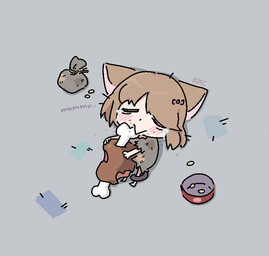 accessory ambiguous_gender bag blush blush_lines bodily_fluids bow_ribbon coin eating eating_food eyes_closed hair hair_accessory hair_bow hair_ribbon lying meat_on_bone on_back ragged_clothing ribbons simple_background solo tail tail_wrapped_around_leg tears text triangle_mouth dr.kimochi ponos_corp. the_battle_cats neneko_(the_battle_cats) animal_humanoid felid felid_humanoid feline feline_humanoid humanoid mammal mammal_humanoid signature