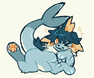 ambiguous_gender anthro blue_body blue_fur blue_hair fish_tail fur grin hair looking_at_viewer lying on_front one_eye_closed orange_eyes orange_pawpads pawpads paws pose semi-anthro shark_tail simple_background smile smiling_at_viewer solo sparkles text white_background wink kibblebytez nintendo pokemon eeveelution generation_1_pokemon pokemon_(species) vaporeon 2026 artist_name colored digital_drawing_(artwork) digital_media_(artwork)
