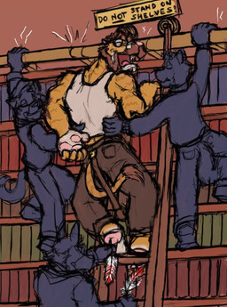 5_fingers anthro bookshelf bottomwear brown_bottomwear brown_clothing brown_facial_hair brown_hair brown_pants brown_tail_tuft clothed clothed_anthro clothed_male clothing facial_hair feet fingers fur furniture group hair holding_feather ladder laugh librarian library loose_feather male open_mouth open_smile orange_body orange_fur pants pawpads pink_nose pink_pawpads smile tail tail_tuft tickle_fetish tickling tickling_feet tickling_sides topwear tuft white_clothing white_topwear kctk abraham_clarence_deleon felid hybrid liger mammal pantherine