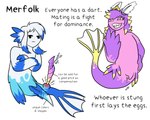 ambiguous_gender annotated annoyed anthro crown diagram duo fin fish_tail grin headgear highlights_(coloring) lore love_dart multicolored_body schematic seashell shell smile split_form stinger_(anatomy) text worldbuilding sandentwins slightly_damned mermaid_princess marine merfolk 5:4 english_text hi_res