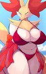 anthro beach big_breasts bikini blush breasts clothing curvy_figure female fur huge_breasts o-ring o-ring_bikini o-ring_bikini_top red_bikini red_clothing red_eyes red_swimwear seaside solo swimwear thick_thighs two-piece_swimsuit voluptuous white_body white_fur wide_hips yellow_body yellow_fur nojaaaaaaaarori nintendo pokemon delphox generation_6_pokemon pokemon_(species) absurd_res digital_media_(artwork) hi_res