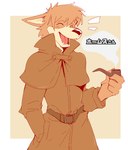 anthro clothed clothing male simple_background smoking solo text shimomaro sherlock_hound_(series) sherlock_hound canid canine canis domestic_dog mammal 2021 japanese_text