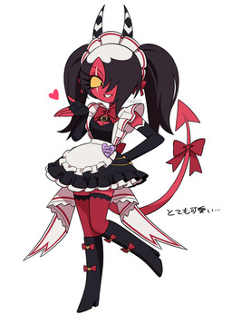 black_hair clothed clothing female hair horn maid_headdress maid_uniform red_body red_skin simple_background solo spade_tail tail text uniform white_background yellow_sclera enaic31 hellaverse helluva_boss sallie_may_(helluva_boss) demon demon_humanoid humanoid imp absurd_res hi_res japanese_text translation_request trans_(lore) trans_woman_(lore)