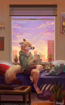 4_toes 5_fingers anthro barefoot clothed clothing computer day detailed_background digitigrade electronics eyebrows eyelashes feet fingers inside laptop male red_eyes sitting smile solo toes thanshuhai binaryfox canid canine fox mammal 2022 5:8 digital_media_(artwork) digital_painting_(artwork) hi_res painting_(artwork)