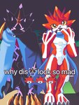 abs angry anthro black_body cape claws clothing codpiece duo evolutionary_family horn humor male red_body shadowed_eyes text notaventura bandai_namco digimon digimon_ghost_game betelgammamon digimon_(species) gulusgammamon scalie english_text hi_res meme