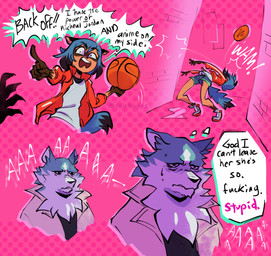 5_fingers anthro basketball black_hair blue_eyes blue_hair bodily_fluids brown_body brown_fur chest_tuft clothed clothing duo exclamation_point female fingers fluffy fluffy_tail footwear fur gesture hair hand_gesture holding_object humor jacket male open_mouth pointing short_hair sweat tail text thought_bubble topwear tuft white_body white_fur rainboopz brand_new_animal studio_trigger michiru_kagemori shirou_ogami canid canine canis mammal raccoon_dog tanuki wolf english_text hi_res meme
