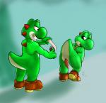 ambiguous_gender anthro bdsm bondage bound butt clothing duo erection footwear genitals imminent_rape male nude penis shoes square_crossover standing tape koopacoon mario_bros nintendo dinosaur green_yoshi prehistoric_species reptile scalie yoshi hi_res