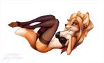 anthro blonde_hair blue_eyes bottomless bra breasts claws clothed clothing digitigrade dipstick_tail female hair hand_on_chest hindpaw legwear lying markings multicolored_tail on_back paws piercing simple_background solo stockings tail tail_markings toe_claws underwear white_background coonkun kelseyfox canid canine fox mammal