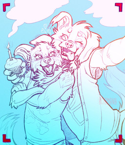 anthro camera_view clothed clothing crossed_arms cupcake duo food happy holding_cupcake holding_food holding_object male male_anthro open_mouth open_smile simple_background smile text tongue tongue_out 0ct0m0n0 canid canine canis domestic_dog mammal artist_name hi_res restricted_palette