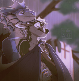 affectionate anthro black_body black_fur blue_body claws clothing clothing_aside cuddling duo eyes_closed forest frill_(anatomy) fur hand_on_chest head_crest head_frill male male/male plant raining scar tree using_wings white_body white_fur wing_hug wings rinlinart mythology siyo var'rex canid canine dragon mammal mythological_creature mythological_scalie scalie hi_res